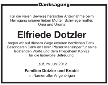 Traueranzeige von Elfriede Dotzler von Pegnitz-Zeitung